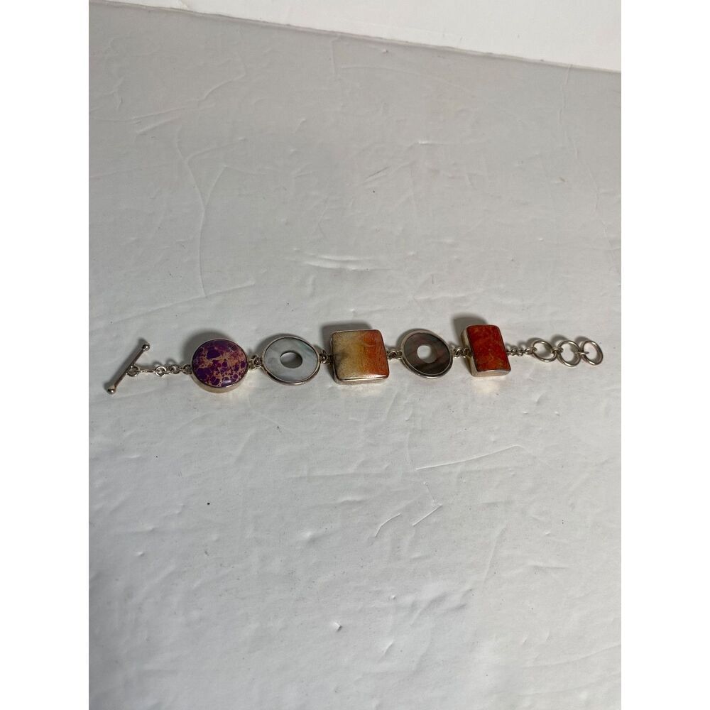 Artisan Sterling Silver Gemstone Bracelet 925 Purple Turquoise Fossil Coral MOP